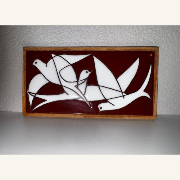 Mid Century Modern Abstract Bird Tile Wall Art | White Doves on Red - Picture 3 of 9